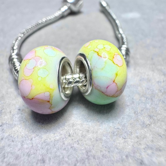 Yellow Pastel Spacer Beads Set Watercolor Swirls Fits Pandora Bracelet - Picture 9 of 10